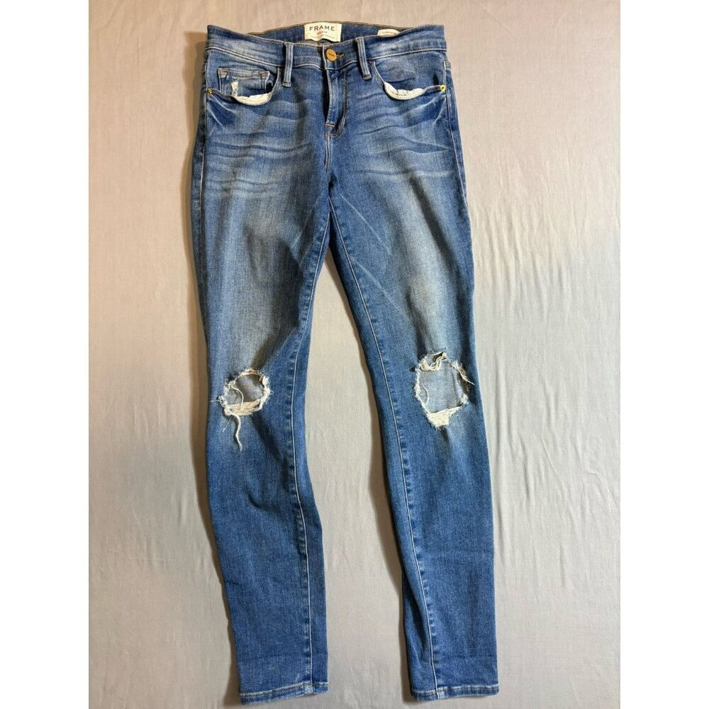 Frame Jeans Womens 26 Blue Denim Distressed Le Skinny De Jeanne Low Rise